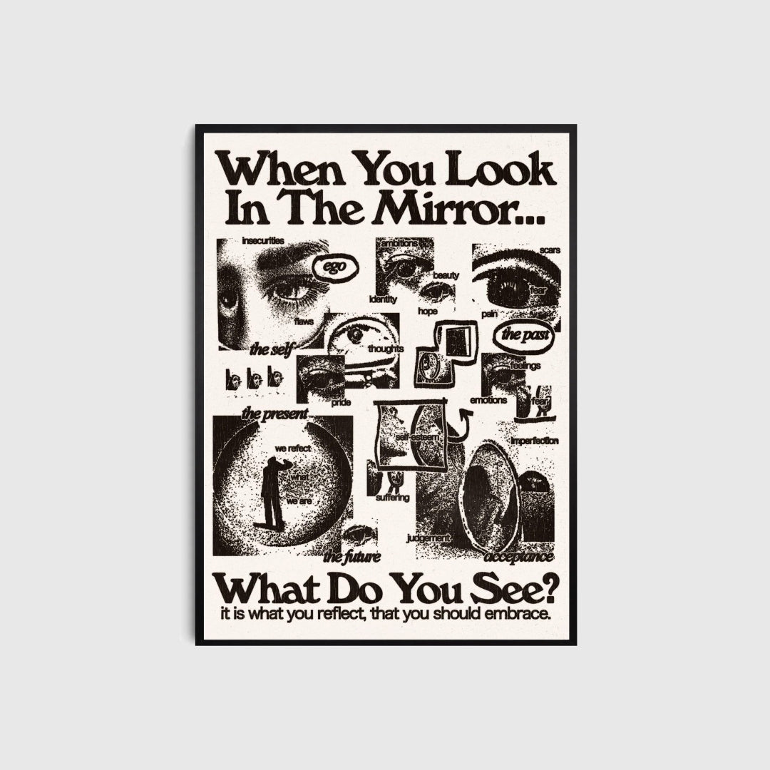 Poster with black and white design featuring eyes and text on a light gray background