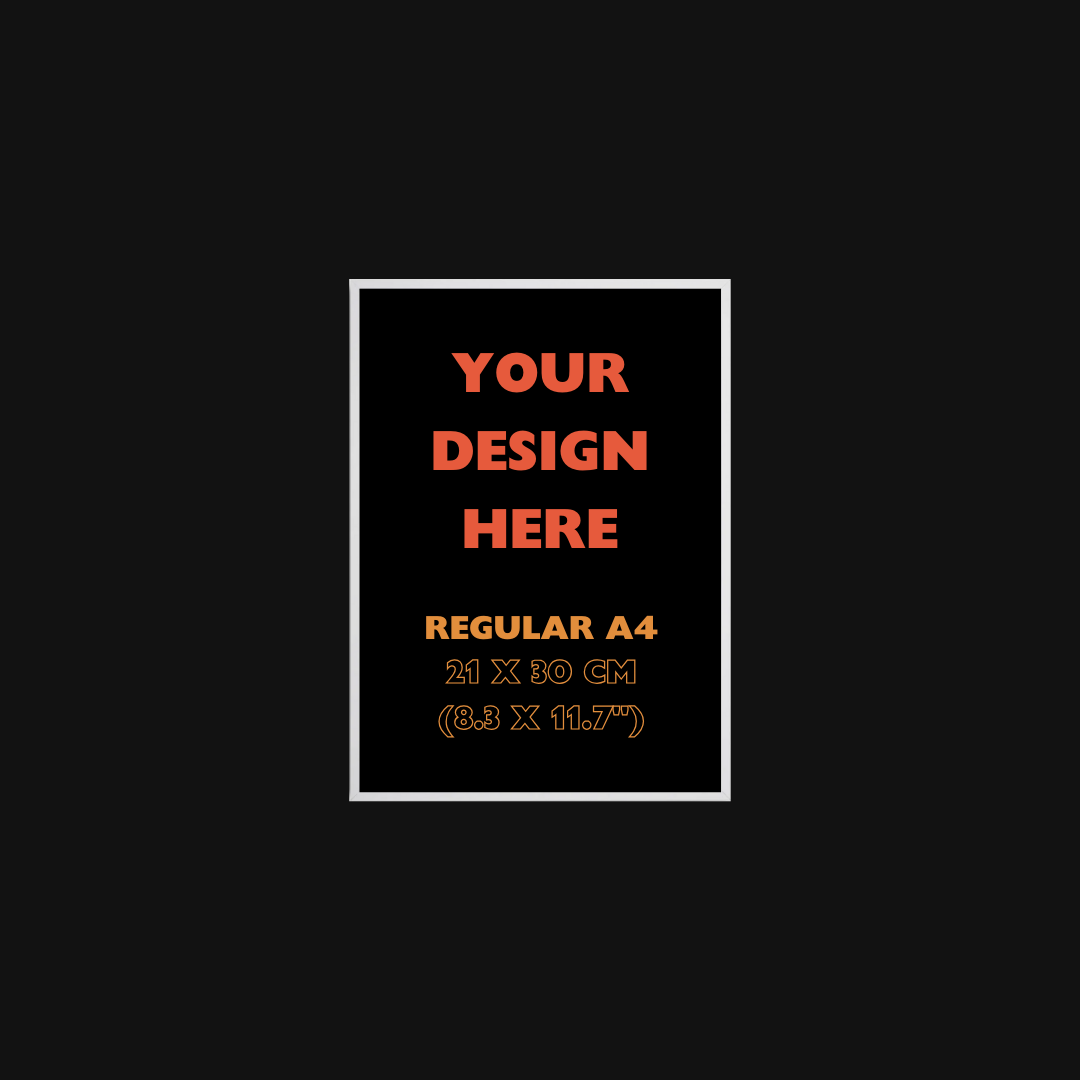 A4 size paper template with text 'Your Design Here' on a black background