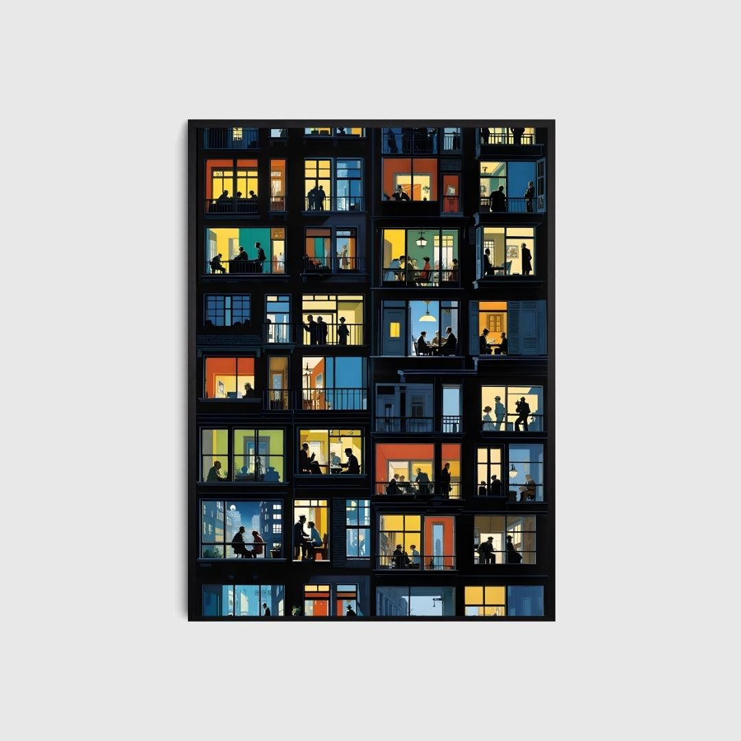 Illustration of people silhouetted against illuminated windows in a building.