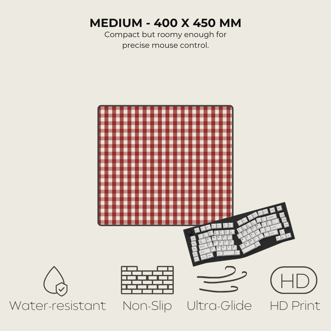 Red and white checkered mouse pad with product features listed on a beige background