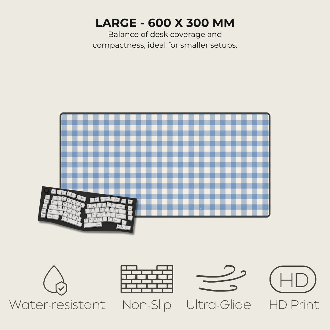 Blue and white checkered desk mat with text and icons on a light gray background