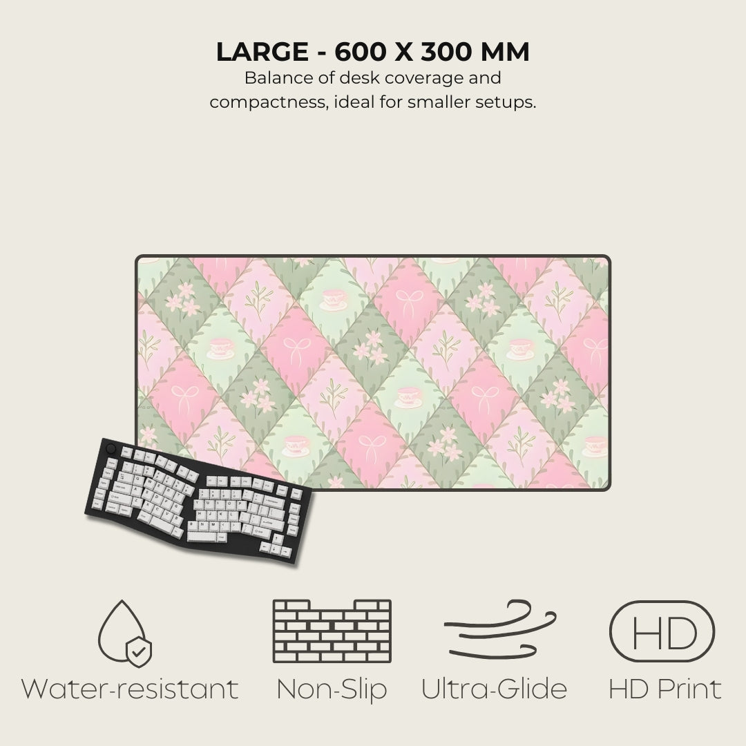 Large desk mat with floral pattern and keyboard on a light background