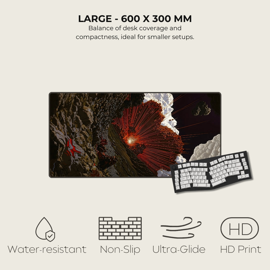 Large desk mat with space-themed design and keyboard on a light gray background