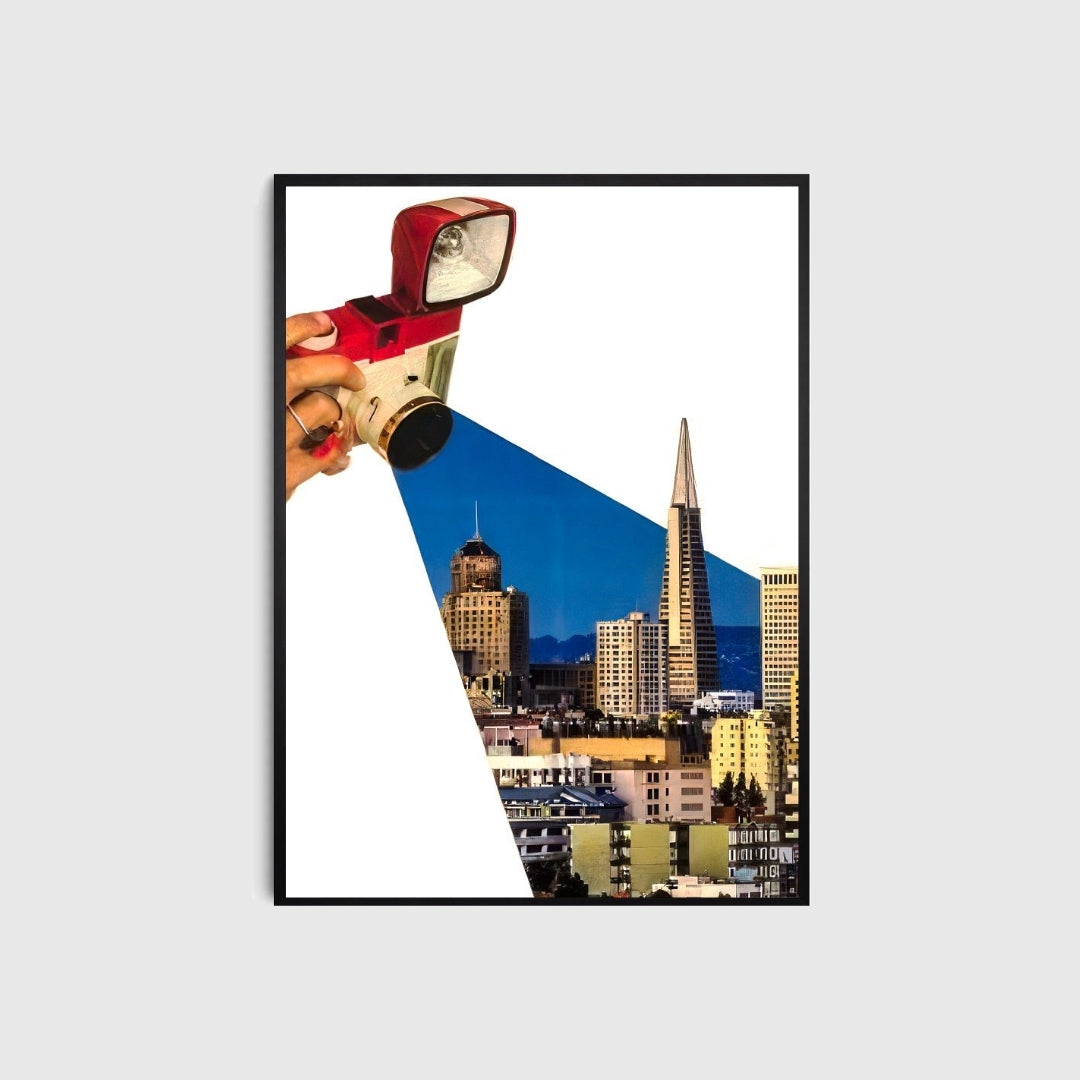 Framed poster on a white background showing a camera projecting a colourful cityscape, with icons for water-resistant, anti-fade, HD print, and eco-ink features.