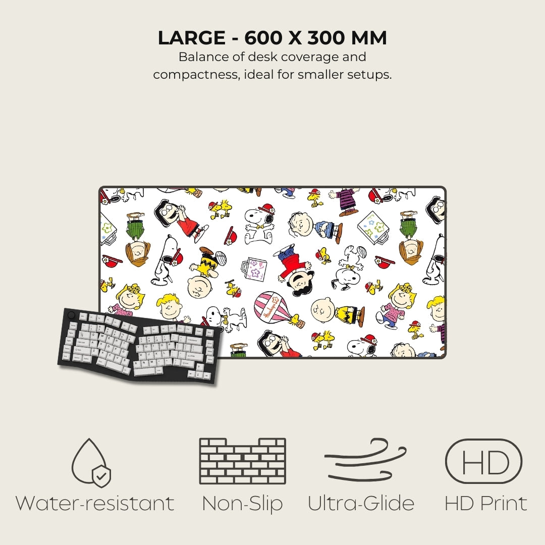 Mousepad with cartoon character design on a white background, featuring text and icons indicating product features.