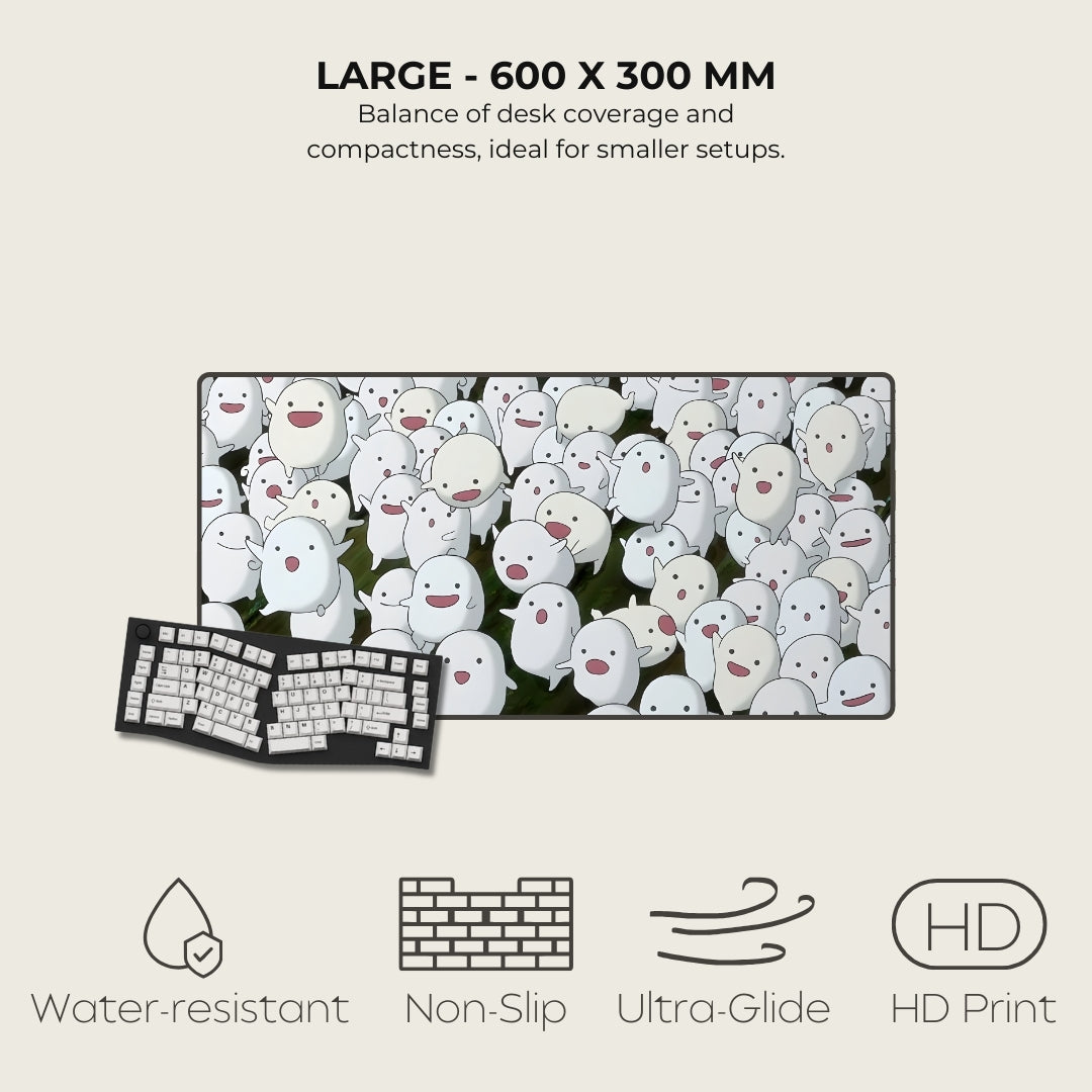 Mousepad with cartoon ghost design on a light gray background, featuring text and icons about product dimensions and features.