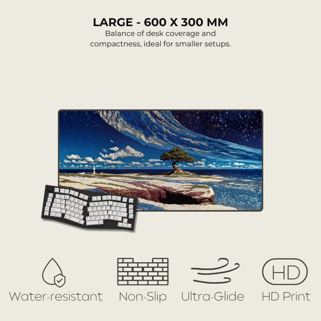 Large desk cover with scenic design, keyboard, and feature icons on a light gray background