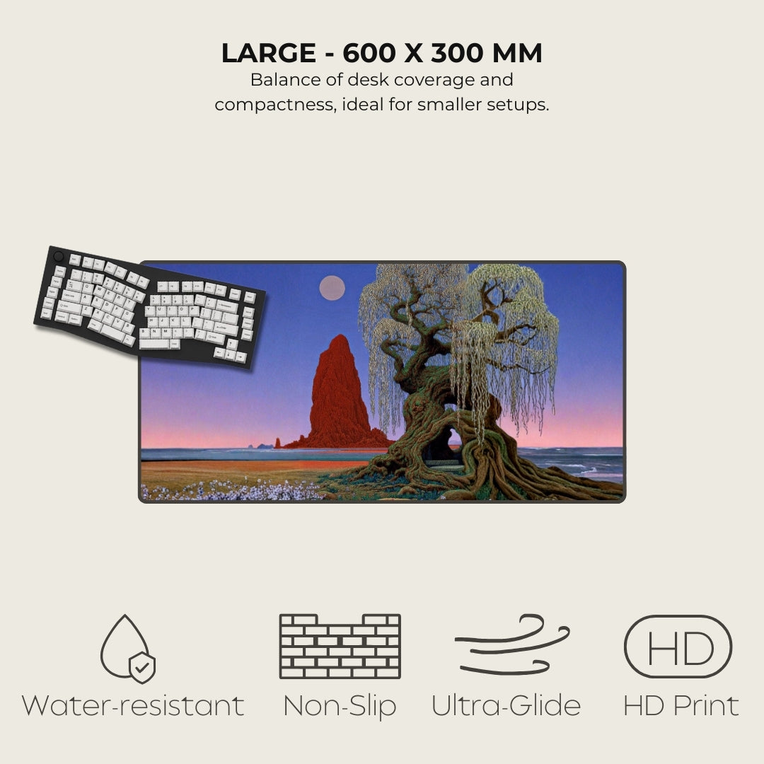 Large desk mat with nature design, keyboard on the left, text and icons on the right.