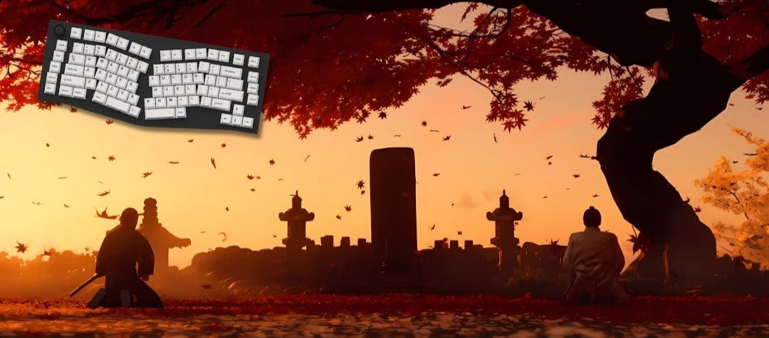 Silhouettes of warriors and statues against a sunset sky with a keyboard overlay.