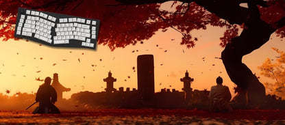 Silhouettes of warriors and statues against a sunset sky with a keyboard overlay.