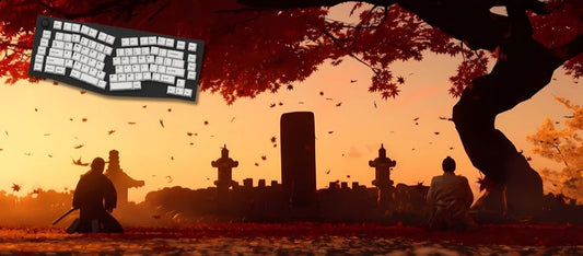 Silhouettes of warriors and statues against a sunset sky with a keyboard overlay.