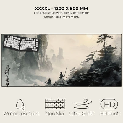 Traditional Chinese landscape shown on an XXXXL mouse pad with two warriors climbing a mountain.
