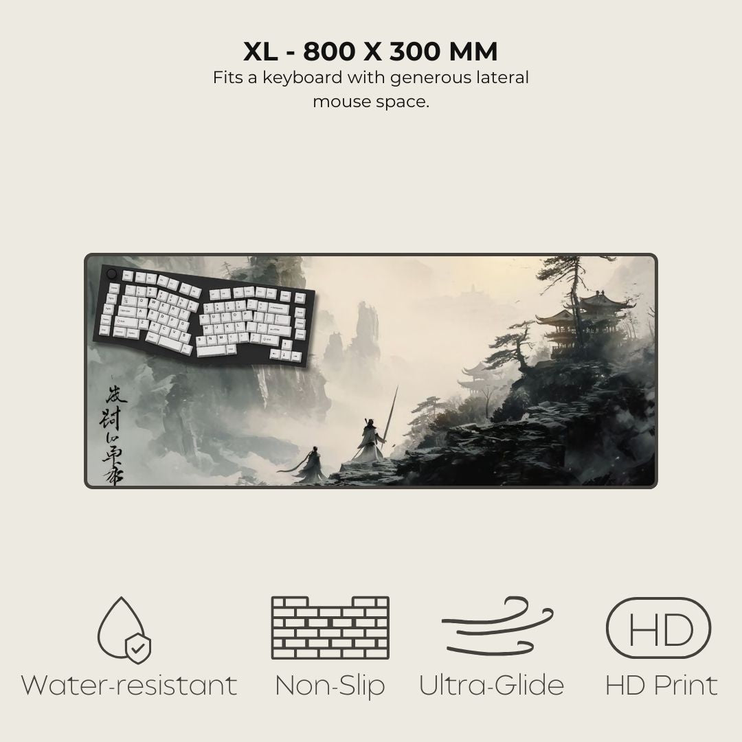 Traditional Chinese landscape shown on an XL gaming mat with two warriors climbing a mountain.