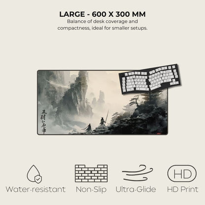 Large desk mat with artistic design and product features on a white background.