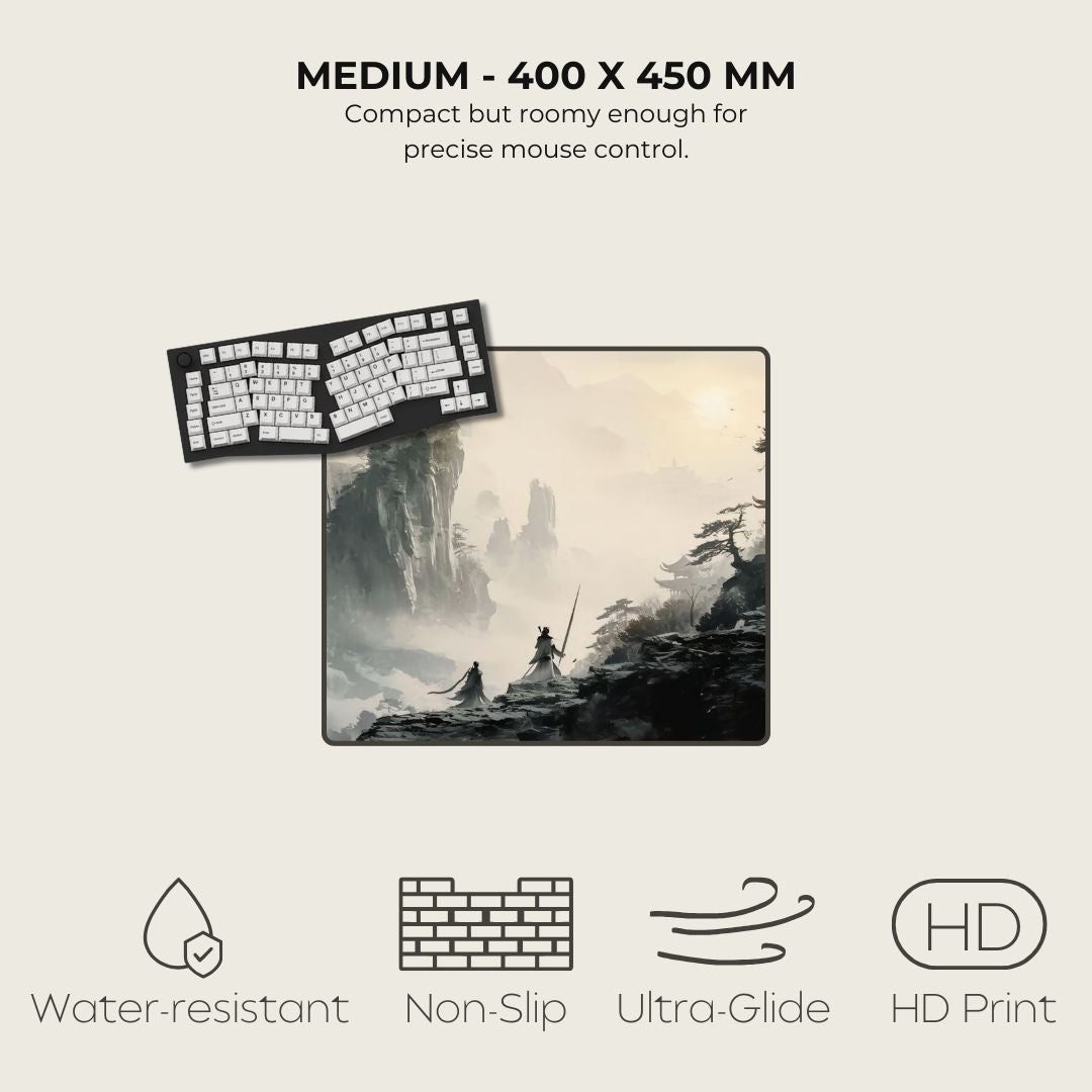 Mouse pad with artistic design of two figures by a valley, keyboard on top, and product specifications.