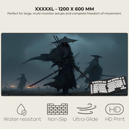 Dark-themed illustration with ronin figures in the rain.