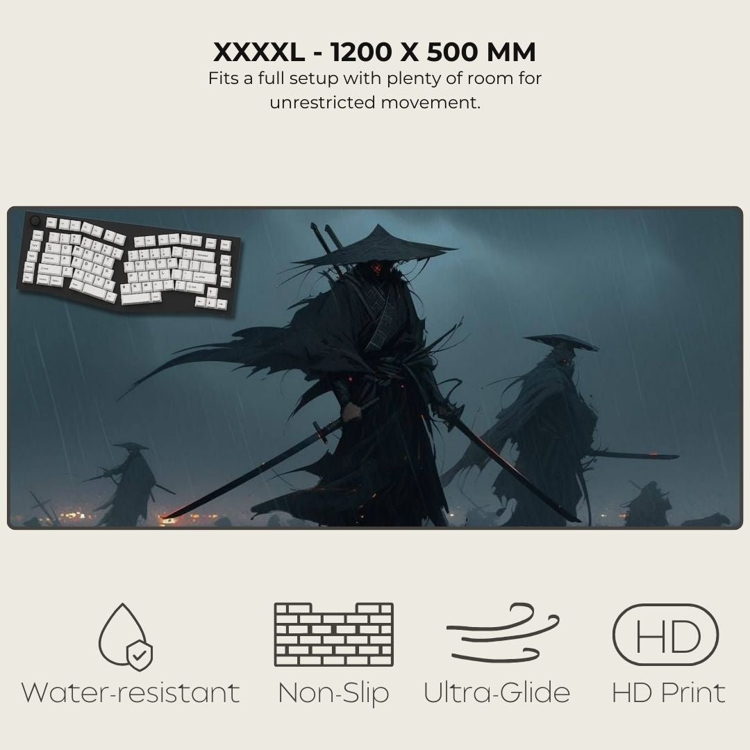 Gaming mouse pad with warrior design and product specifications.