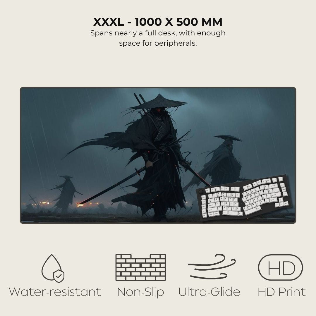 XXXL mousepad with warrior design and keyboard, featuring text and icons on a light gray background.