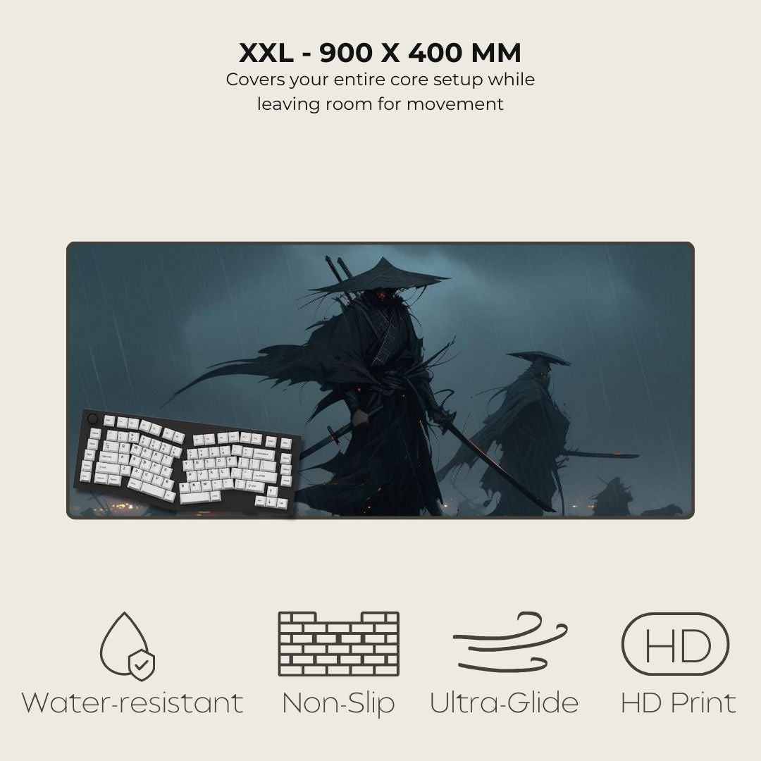 Dark-themed illustration with ronin figures in the rain, on the best XXL pad for gamers.