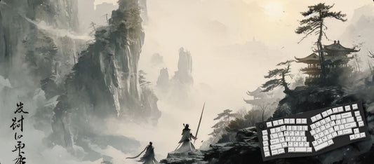 Traditional Chinese landscape with two warriors climbing a mountain.