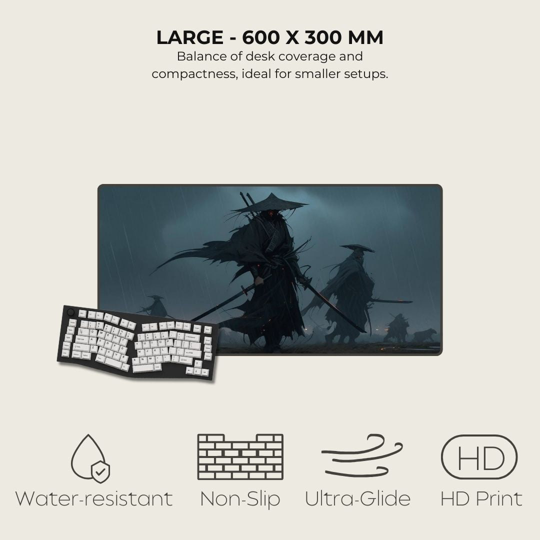 Dark-themed illustration with ronin figures in the rain, on the best Large mouse pad for gamers.