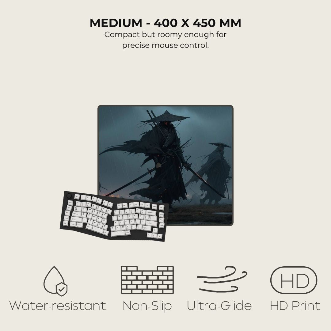 Dark-themed illustration with ronin figures in the rain, on the best gaming pad for PC setups.