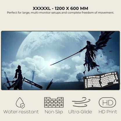 5XL mouse pad with fantasy design featuring two warriors dueling against a moonlit background.