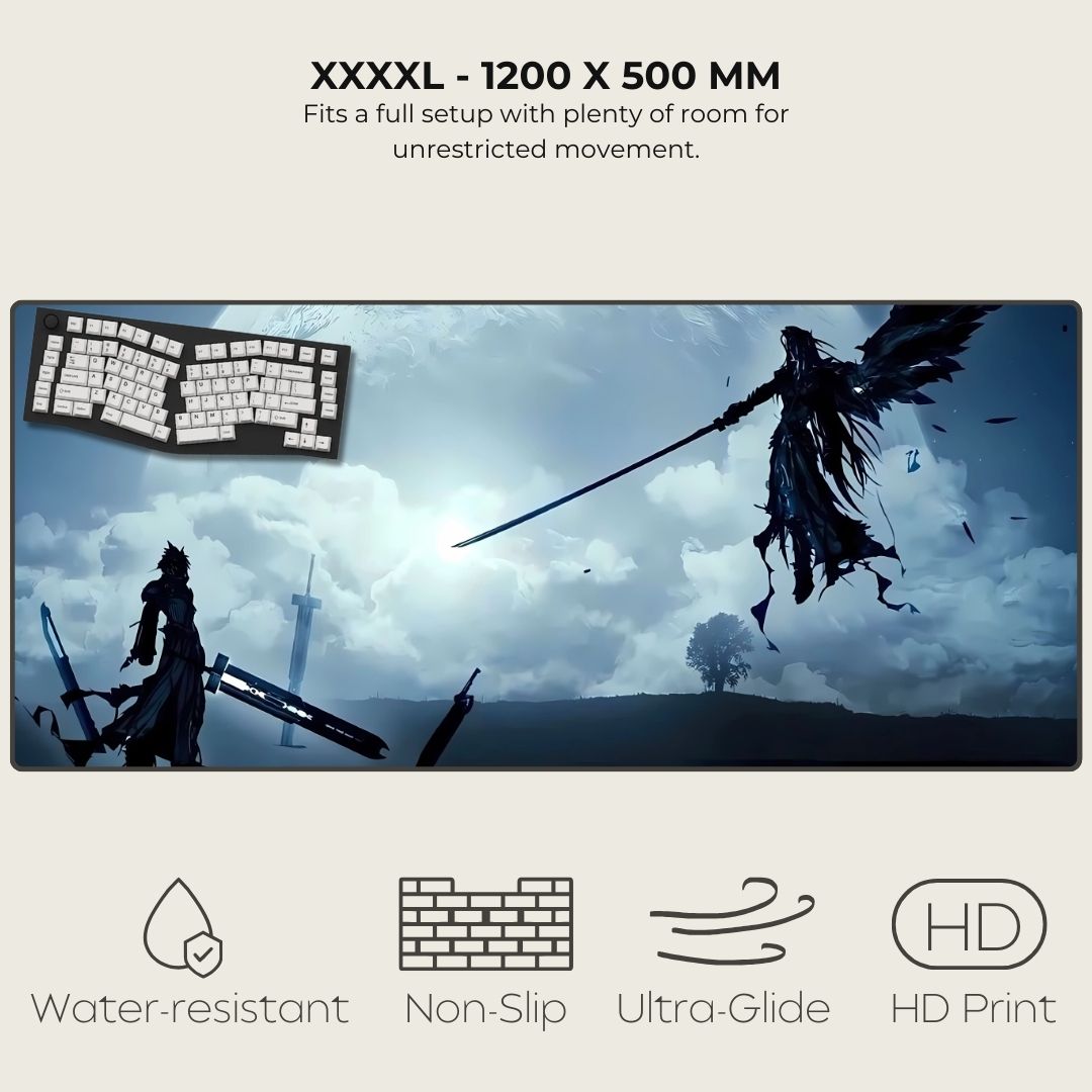 4XL mouse pad with fantasy design featuring two warriors dueling against a moonlit background.