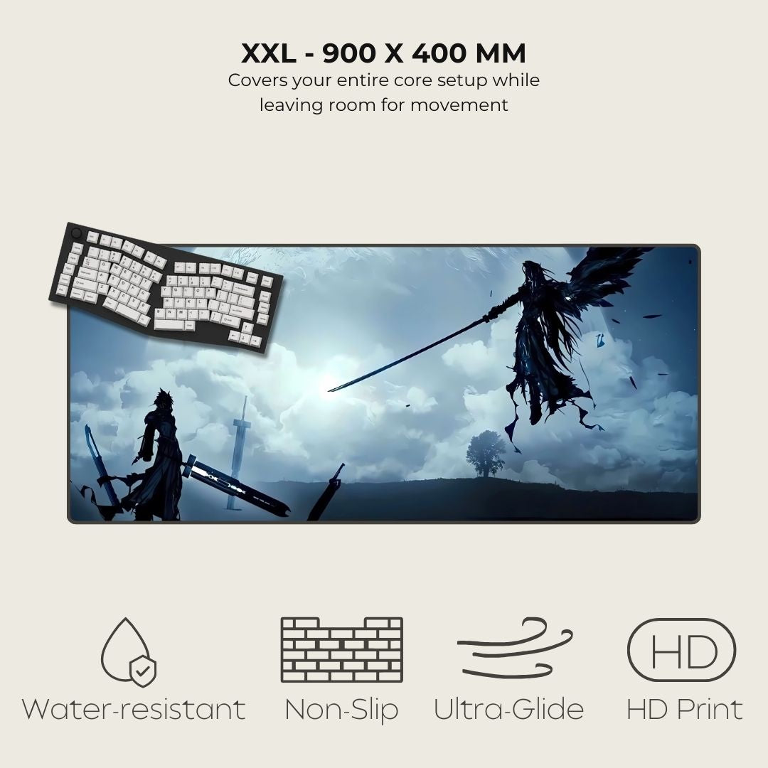 2XL mousepad with fantasy design featuring two warriors dueling against a moonlit background.