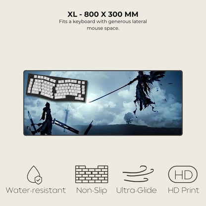 XL mousepad with fantasy design featuring two warriors dueling against a moonlit background.