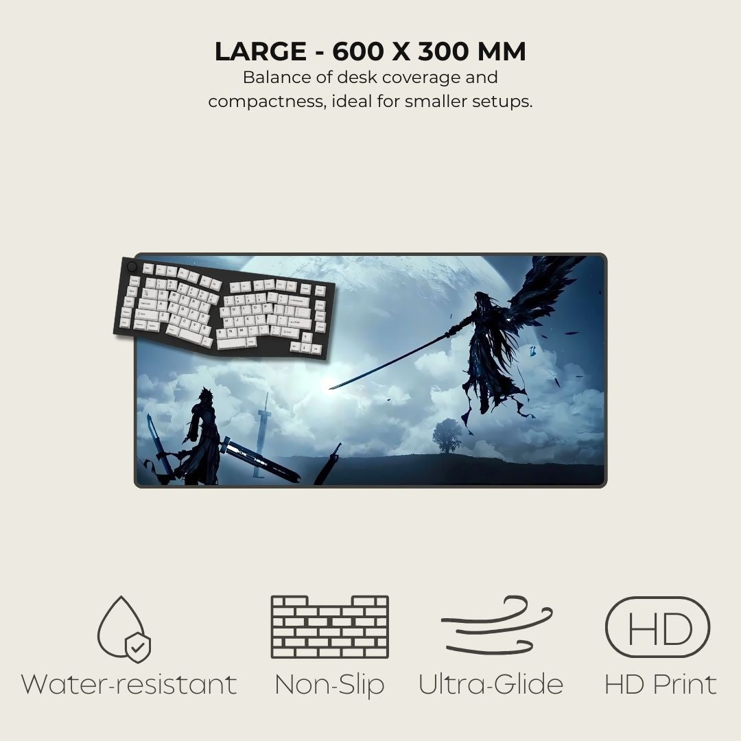 Large mousepad with fantasy design featuring two warriors dueling against a moonlit background.