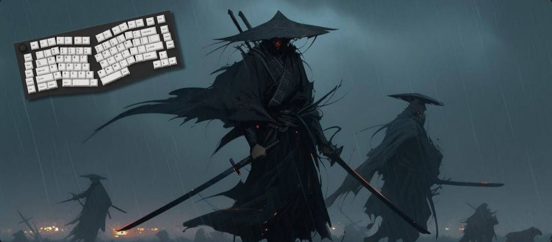 Dark-themed illustration with samurai figures and a keyboard layout overlay.