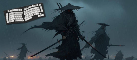Dark-themed illustration with samurai figures and a keyboard layout overlay.
