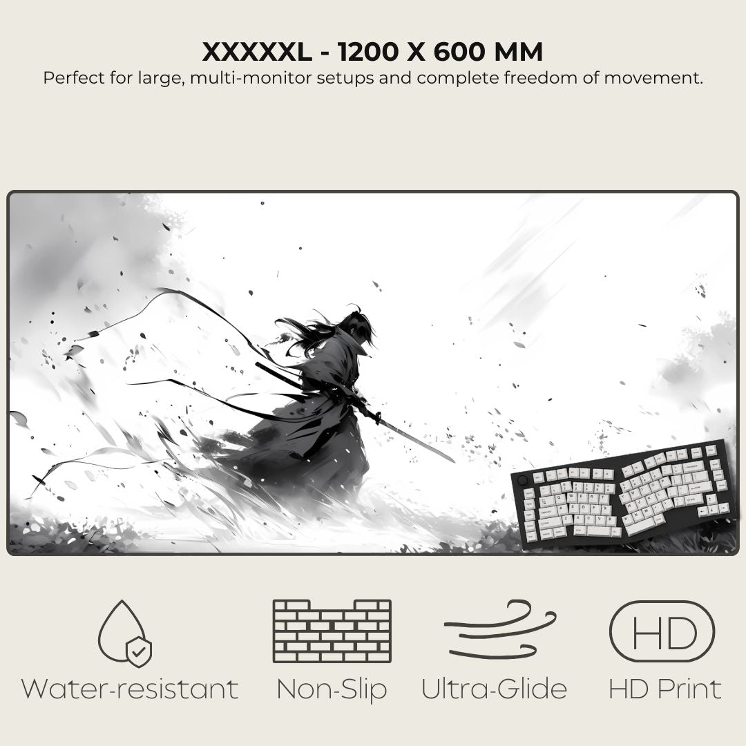 XXXXXL mouse pad with artistic design of a warrior and keyboard, featuring text and icons about product features.