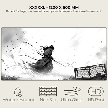 XXXXXL mouse pad with artistic design of a warrior and keyboard, featuring text and icons about product features.