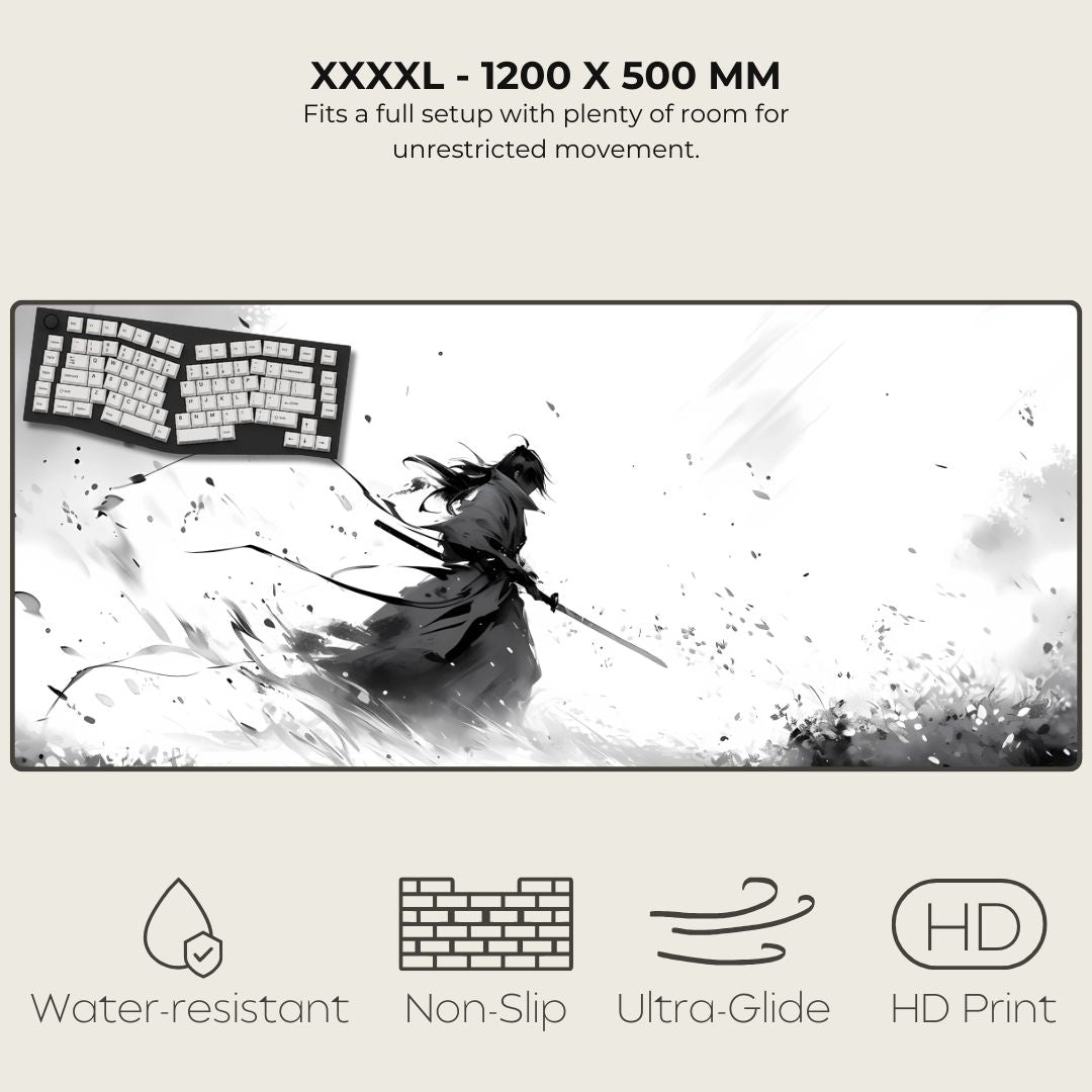 XXXXL mouse pad with artistic design of a warrior and text about dimensions and features.