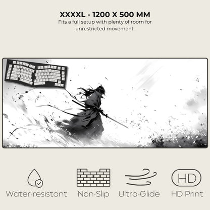 XXXXL mouse pad with artistic design of a warrior and text about dimensions and features.
