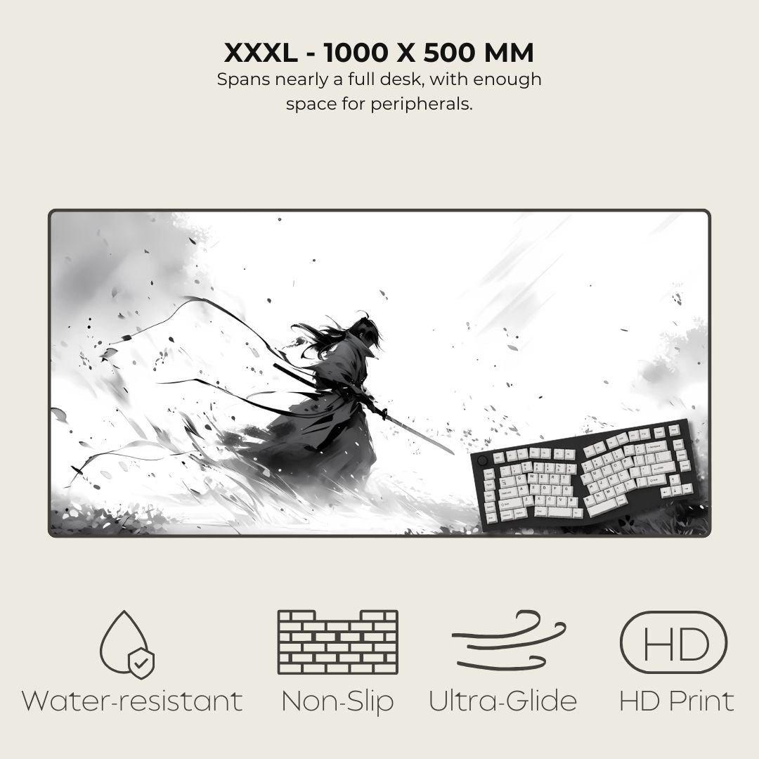 XXXL mouse pad with warrior design and keyboard, featuring text and icons indicating product features.