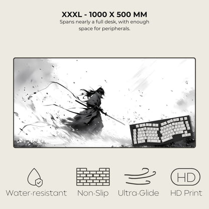 XXXL mouse pad with warrior design and keyboard, featuring text and icons indicating product features.
