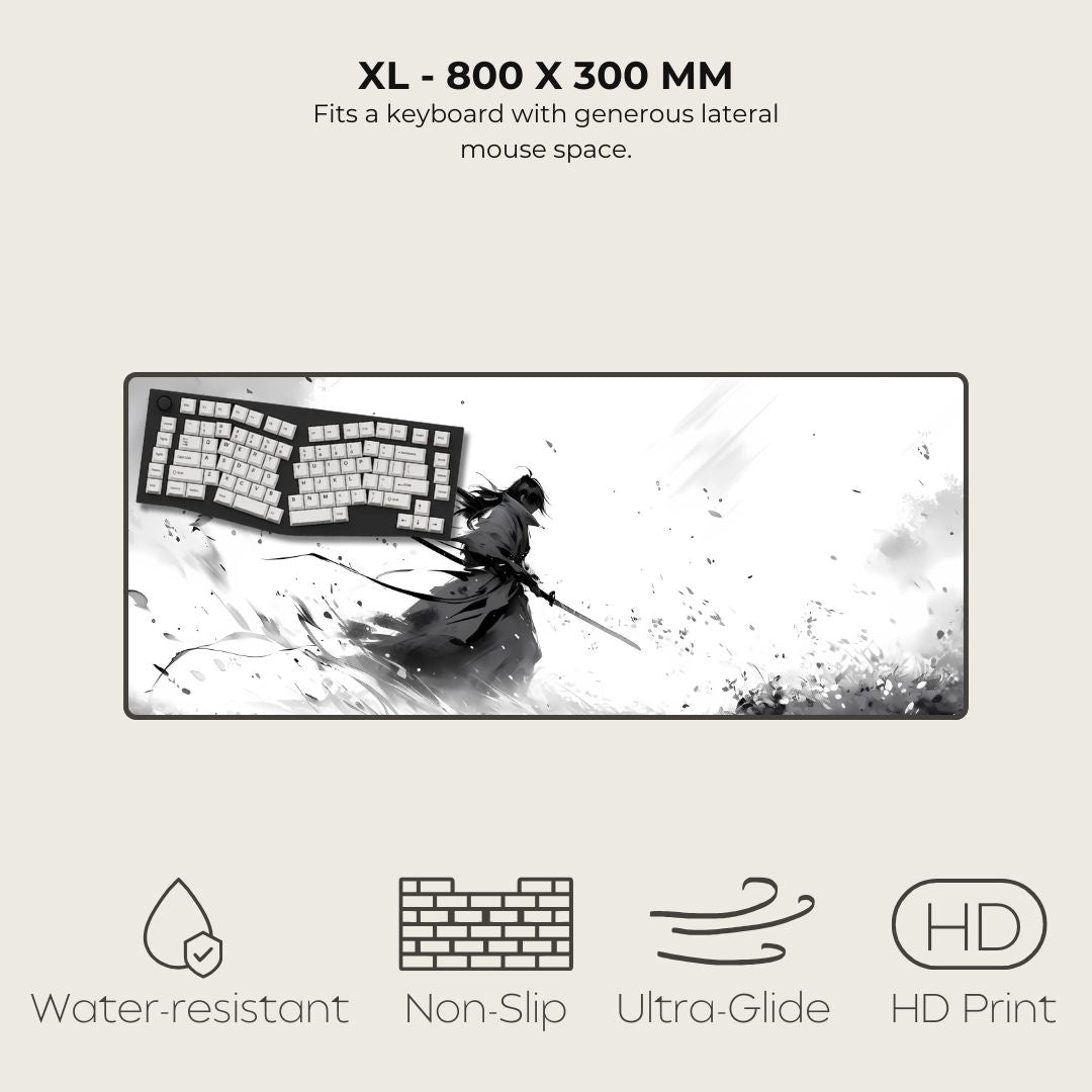 XL mouse pad with a design of a warrior and keyboard, featuring text and icons indicating size, features, and compatibility.