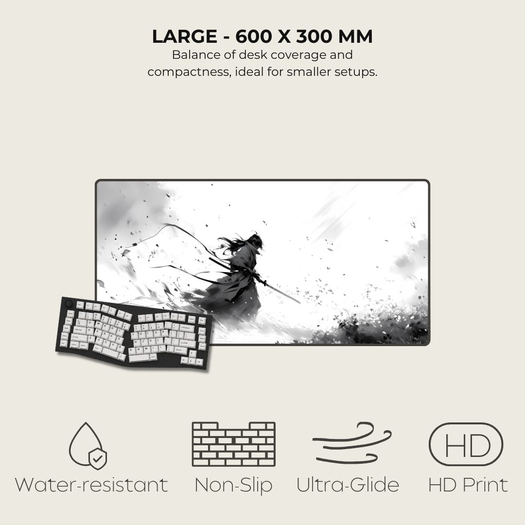 Large mouse pad with artistic design and product features on a light background.