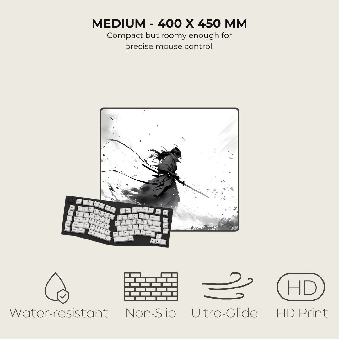 Keyboard with a mouse pad displaying an artistic design, featuring text about size and features.