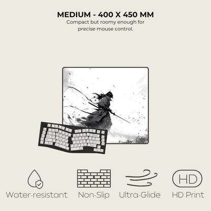 Keyboard with a mouse pad displaying an artistic design, featuring text about size and features.