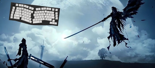 Two warriors with weapons against a cloudy and moonlit sky.