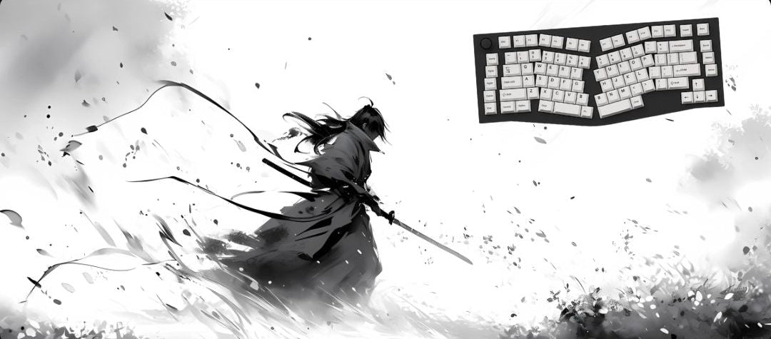 Swordswoman in a dynamic pose with a keyboard in the corner.