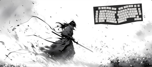 Swordswoman in a dynamic pose with a keyboard in the corner.