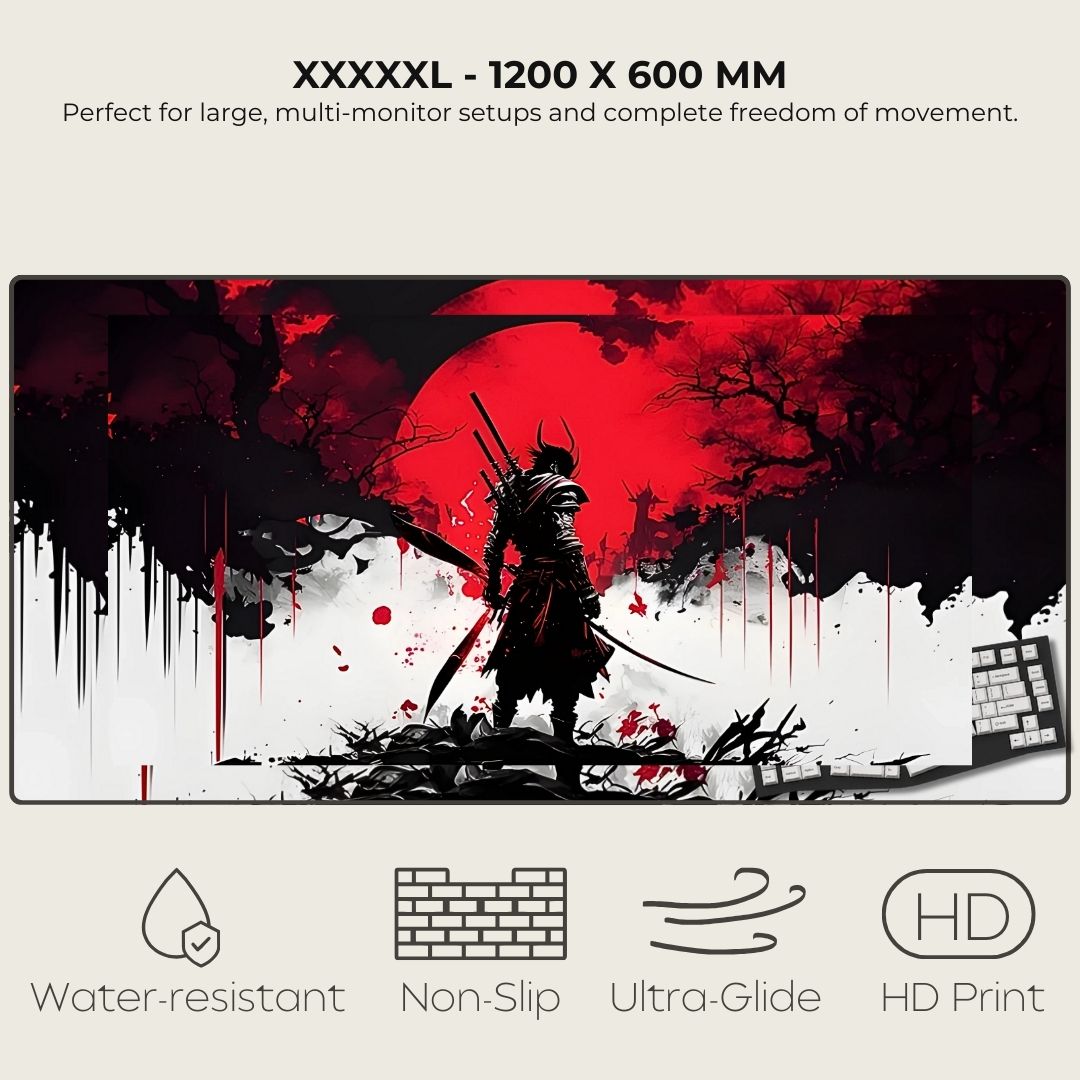 XXXXXL mouse pad with a samurai design, featuring text about size and features.
