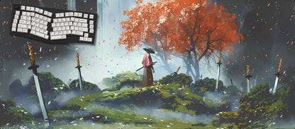 Fantasy scene with a character under a cherry tree with fallen swords.