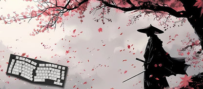 Silhouette of a samurai under cherry blossom branches.