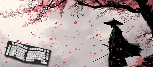 Silhouette of a samurai under cherry blossom branches.